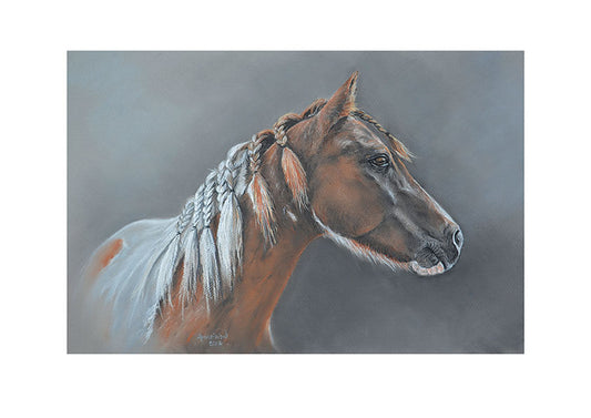 Pastel painting by Anne Ward of a plaited pony deep in thought
