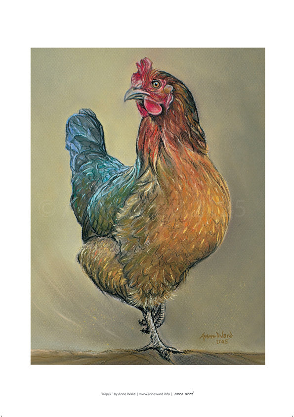 A4 print entitled "Kopek" by Anne Ward, of cockerel in motion
