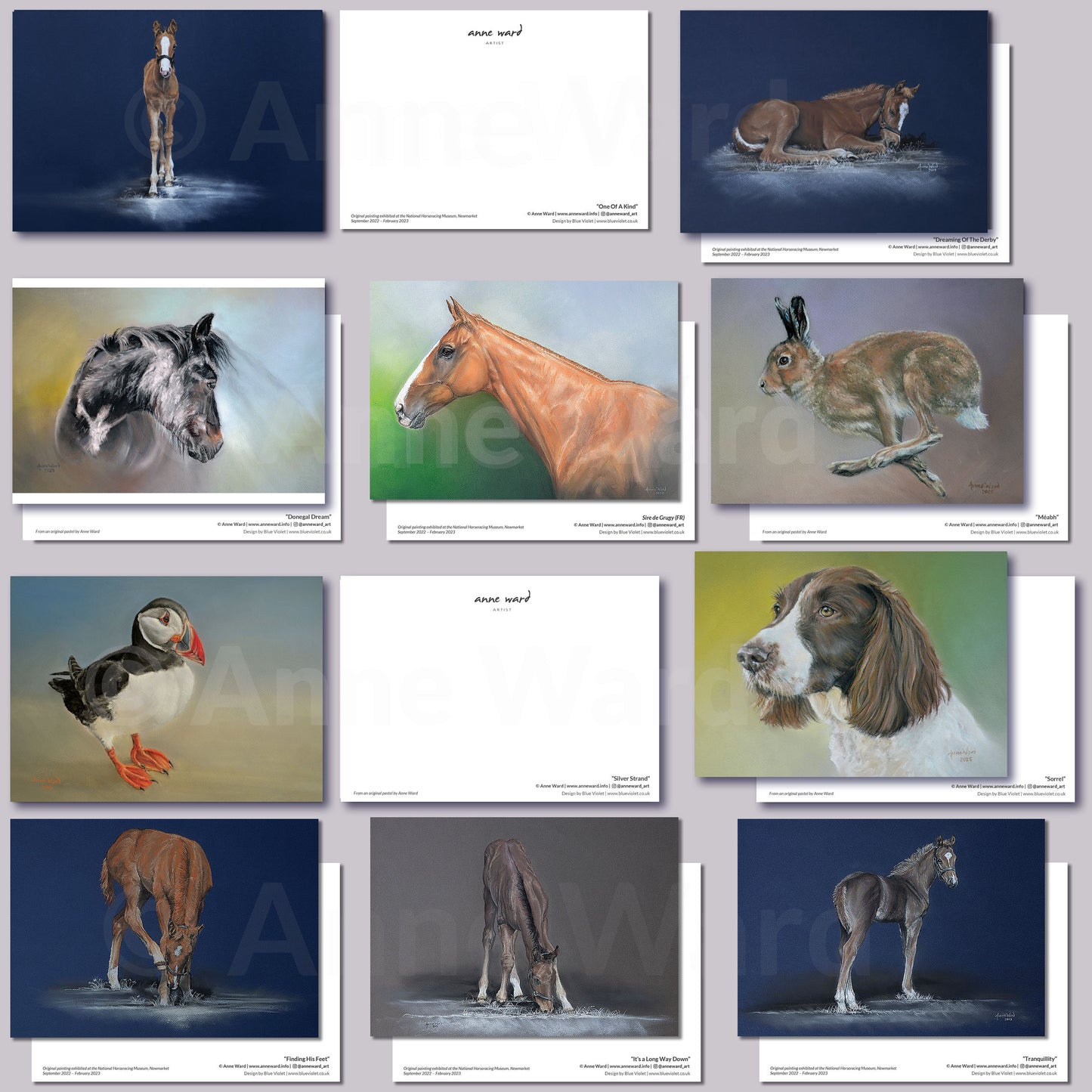 Ten assorted postcards featuring paintings by Anne Ward of enchanting Thoroughbred foals, famous retired racehorses, as well as wildlife and dogs.