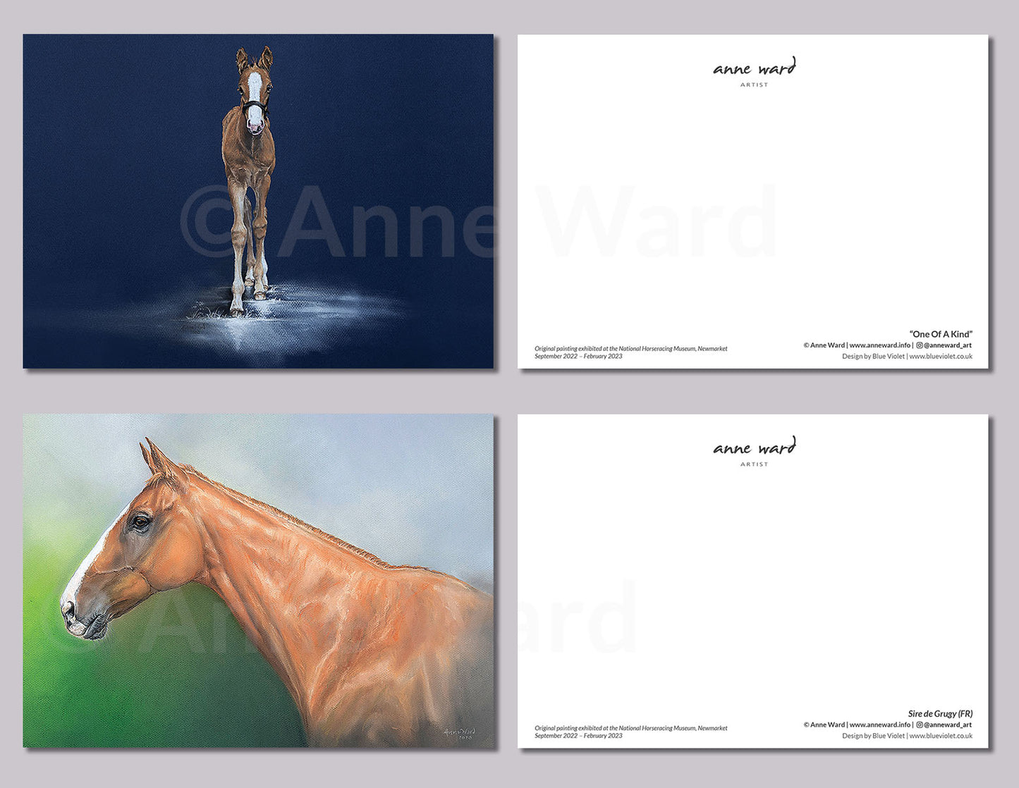 Ten assorted postcards featuring paintings by Anne Ward of enchanting Thoroughbred foals and famous retired racehorses. Displayed here are foal study "One Of A Kind" and portrait of champion steeplechaser Sire de Grugy (FR).