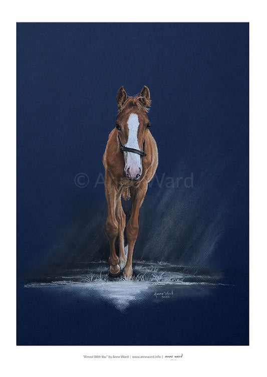 Pastel painting entitled "Almost With You", by Anne Ward, of chesnut Thoroughbred colt foal in moonlit setting.