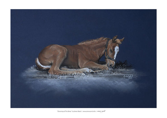 Pastel painting entitled "Dreaming of The Derby", by Anne Ward, of chesnut Thoroughbred colt foal in moonlit setting.