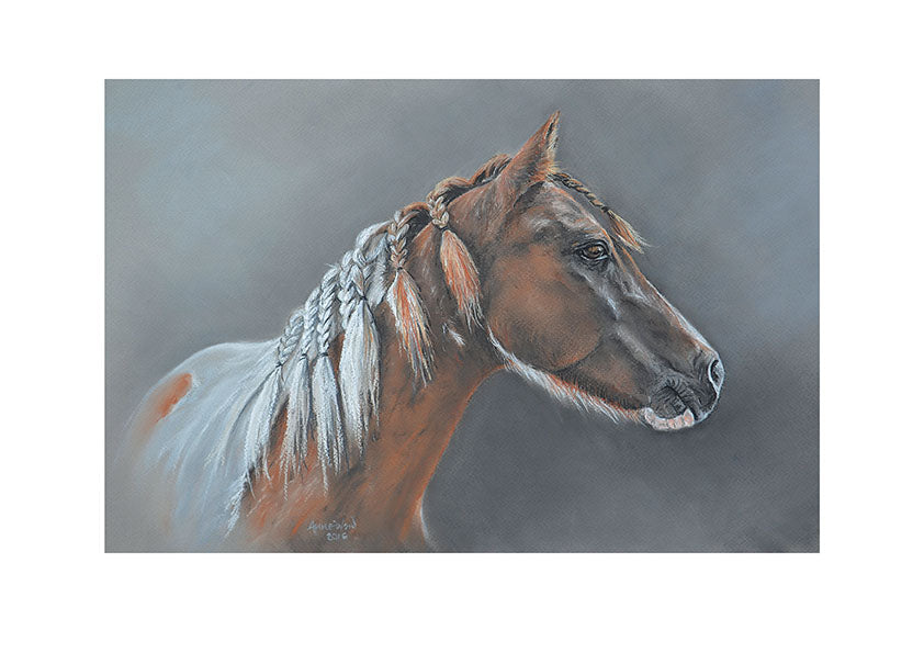 Pastel painting by Anne Ward of a plaited pony deep in thought