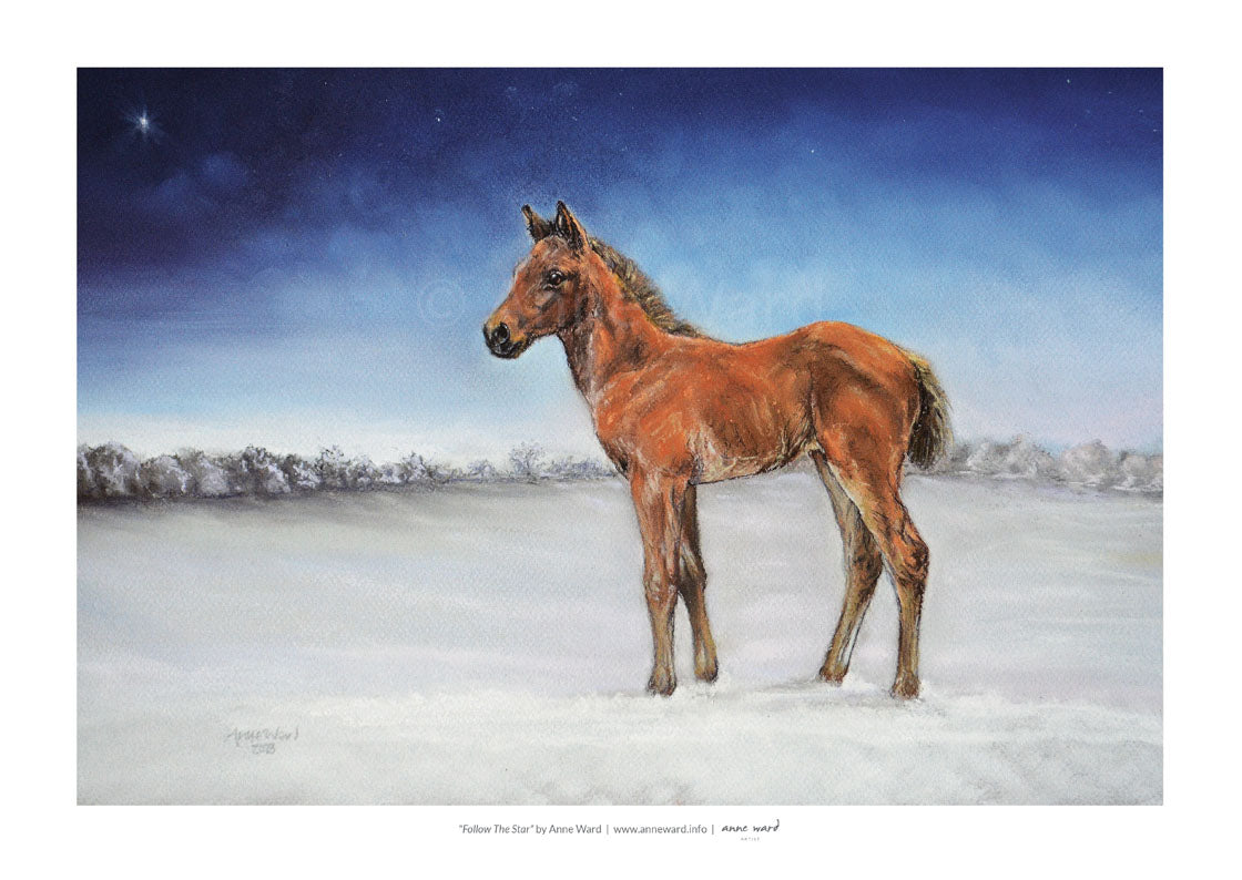 Pastel painting by Anne Ward, entitled "Follow The Star". The subject is a bay Thoroughbred filly foal, portrayed in a twilit snowy paddock. The artwork was originally commissioned by the Bob Champion Cancer Trust to be the front artwork for their 2023 Christmas card.