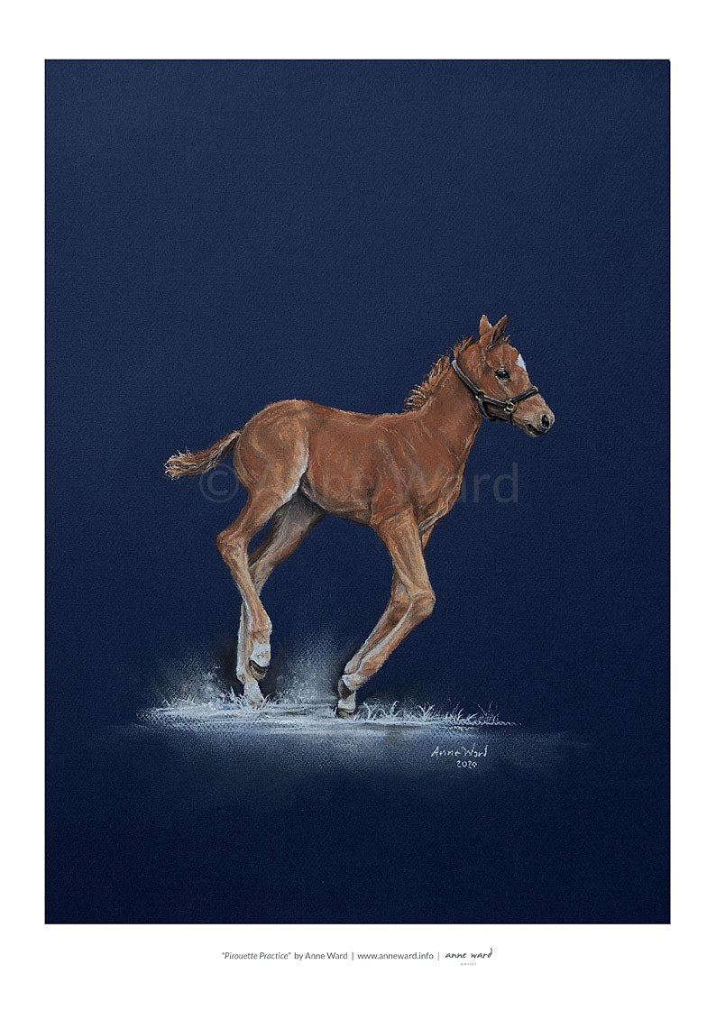 Pastel painting entitled "Pirouette Practice", by Anne Ward, of chesnut Thoroughbred filly foal in moonlit setting.